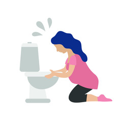 Pregnant woman sitting near the toilet. She vomits. She has morning sickness. The woman is wearing a pink t-shirt and black leggings. Flat vector on white background - obrazy, fototapety, plakaty