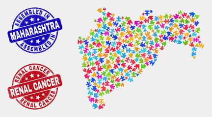 Module Maharashtra State map and blue Assembled stamp, and Renal Cancer scratched seal stamp. Colorful vector Maharashtra State map mosaic of bundle parts. Red round Renal Cancer seal.