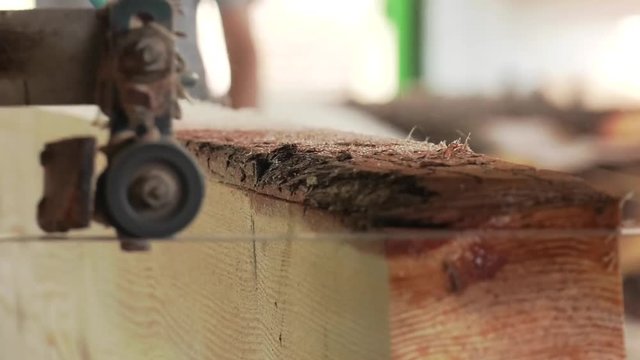 Sawmill. Process of machining logs in equipment sawmill machine saw saws the tree trunk on the plank boards. Wood sawdust work sawing timber wood wooden woodworking