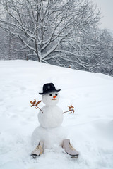 Snowman gentleman in winter hat. Greeting snowman. Cute snowman at a snowy village. Snowman with light star in Christmas day