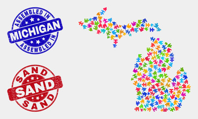 Constructor Michigan State map and blue Assembled seal stamp, and Sand grunge seal stamp. Bright vector Michigan State map mosaic of bundle elements. Red rounded Sand rubber.