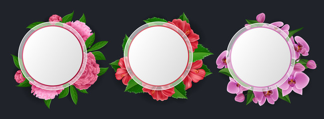 Round frame set with pink flower and green leaf, peony, orchid and hibiscus. Vector illustration with realistic flowers, for summer design or wedding design template 