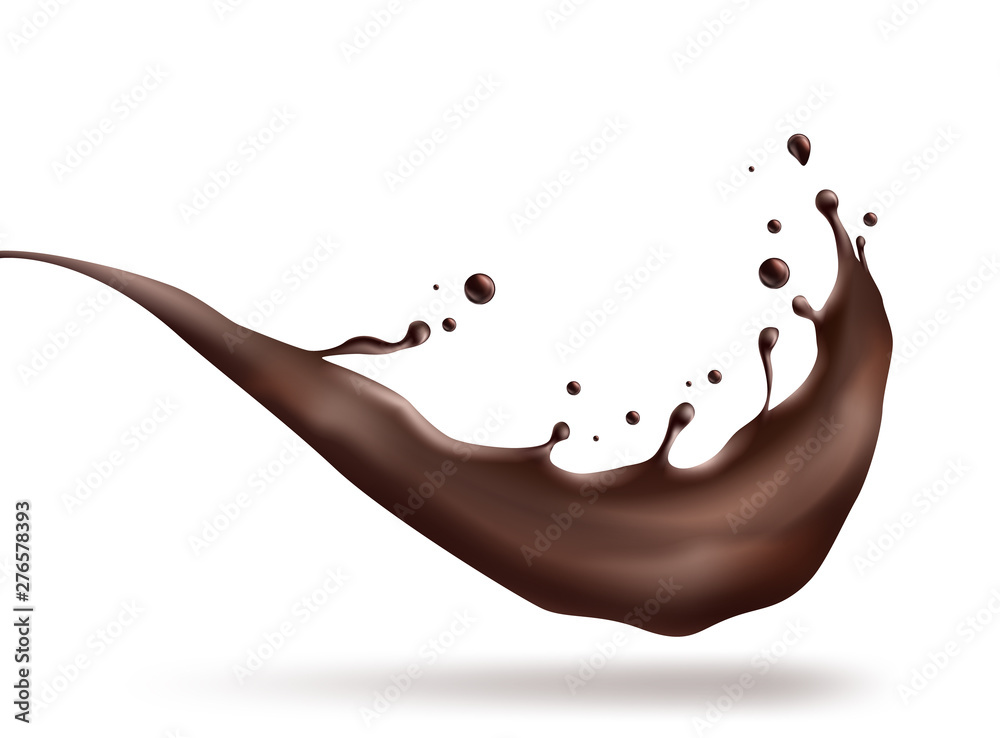 Poster vector illustration of hot chocolate, cacao or coffee splash with drops