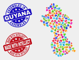 Bundle Guyana map and blue Assembled seal stamp, and Made with Intellect grunge seal. Colorful vector Guyana map mosaic of plugin elements. Red rounded Made with Intellect seal.