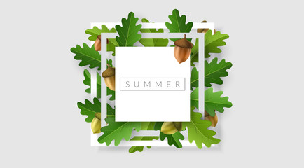 Geometric minimal square frame with green oak leaf and acorn. Vector illustration for nature design, summer frame template or other fresh eco background - 276578991