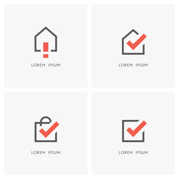 House and exclamation point, home and check mark, checkbox and shopping bag with tick symbol -  real estate and realty, store and purchase icons.