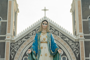 Obraz premium Our lady, The Blessed Virgin Mary with the cathedral behind.