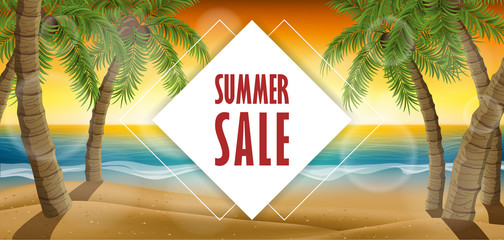 Summer horizontal banner with sunset, palm tree on beach for summer sale. Vector illustration for vacation, sale offer or other tropical background design or template