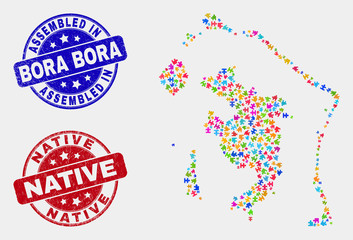 Module Bora-Bora map and blue Assembled stamp, and Native distress seal stamp. Bright vector Bora-Bora map mosaic of bundle parts. Red round Native stamp. - obrazy, fototapety, plakaty