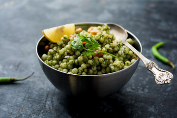 Hariyali sabudana khichdi is a delicious twist to the regular Sago khichadi made using cilantro , chillies and groundnuts