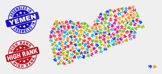 Module Yemen map and blue Assembled seal stamp, and High Rank distress seal stamp. Colorful vector Yemen map mosaic of plug-in bricks. Red round High Rank stamp.