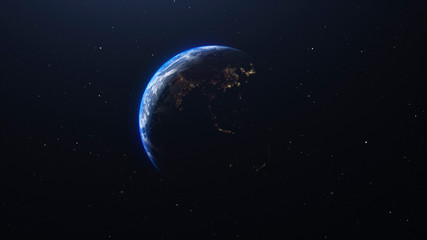 Planet earth with shadow of moon. Night on earth with city lights. Space business