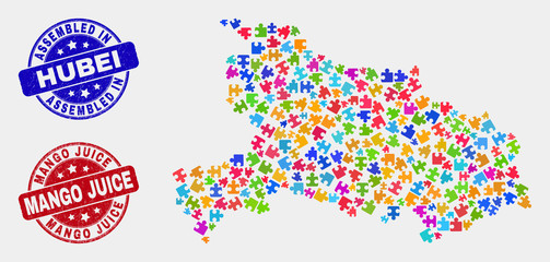 Puzzle Hubei Province map and blue Assembled seal stamp, and Mango Juice distress seal. Bright vector Hubei Province map mosaic of plugin items. Red round Mango Juice seal.