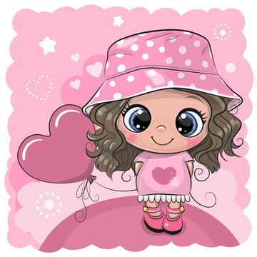 Cartoon girl with pink balloon