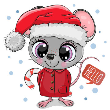 Cartoon mouse in Santa hat on a white background