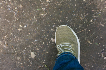 Close-up of legs in walking shoes against the background of the ground. Walk in the park.