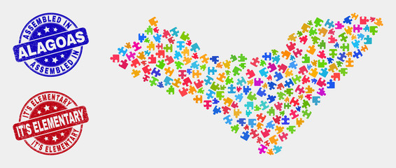 Bundle Alagoas State map and blue Assembled seal, and It'S Elementary distress seal stamp. Bright vector Alagoas State map mosaic of bundle elements. Red rounded It'S Elementary stamp.