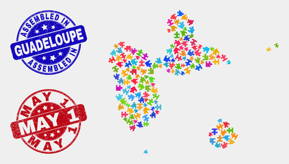 Assemble Guadeloupe map and blue Assembled seal stamp, and May 1 distress stamp. Colorful vector Guadeloupe map mosaic of bundle units. Red round May 1 seal.