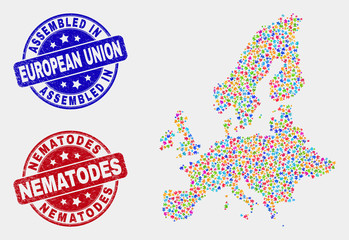 Constructor European Union map and blue Assembled seal stamp, and Nematodes scratched seal stamp. Colorful vector European Union map mosaic of plugin modules. Red round Nematodes stamp.