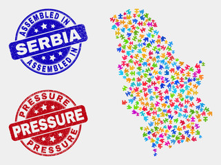 Component Serbia map and blue Assembled seal stamp, and Pressure distress seal stamp. Bright vector Serbia map mosaic of plug-in. Red rounded Pressure seal.