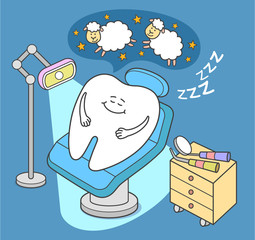 General Anesthesia. Cartoon tooth sleep in dental chair.