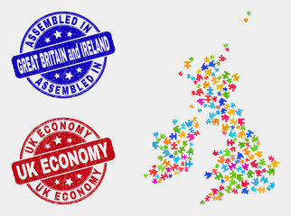 Constructor Great Britain and Ireland map and blue Assembled stamp, and Uk Economy scratched seal stamp. Colored vector Great Britain and Ireland map mosaic of plug-in. Red rounded Uk Economy stamp.