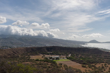 Fototapeta na wymiar Beautiful aerial panoramic view from the top of the Diamond Head mountain on Oahu, Hawaii