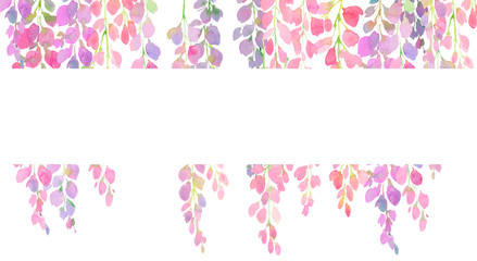 pink and purple wisteria frame,  branches and flowers, watercolor illustration.