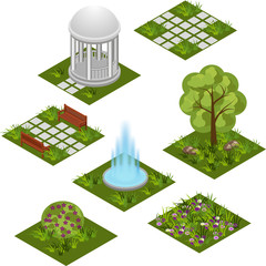 Garden isometric tile set. Isolated isometric tiles to design garden landscape scene
