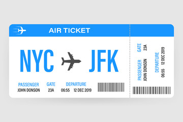 Modern and realistic airline ticket design with flight time and passenger name. vector illustration.