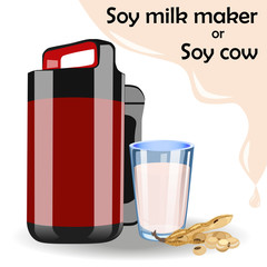 A machine, a glass of milk and a milk splash. Promotional poster. Healthy lifestyle, vegetarianism concept.