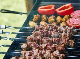Barbecue shashlik kebab with winglets and tomatoes with roasted pepper in chargrill semifinished on skewer side view closeup