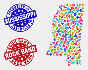 Puzzle Mississippi State map and blue Assembled seal stamp, and Rock Band distress seal stamp. Colorful vector Mississippi State map mosaic of bundle modules. Red round Rock Band badge.