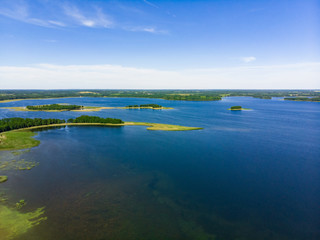 Nature in the summer. Forests, fields, meadows, lake, river and village. View from the sky. The photo was taken by a copter. Panorama. The concept is a favorable environment. Blue sky. Background.