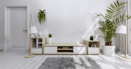 Mock up Tv shelf cabinet in modern empty room and white wall Japanese style. 3d rendering