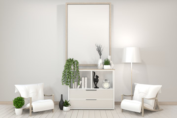 Poster mock up white cabinet, frame, chair and decoration plants zen style.3D rendering