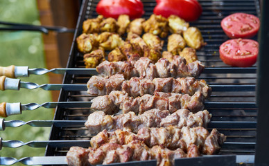 Barbecue shashlik kebab with winglets and tomatoes with roasted pepper in chargrill semifinished on skewer side view closeup