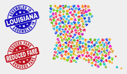 Constructor Louisiana State map and blue Assembled seal, and Reduced Fare scratched watermark. Colorful vector Louisiana State map mosaic of plugin bricks. Red rounded Reduced Fare seal.
