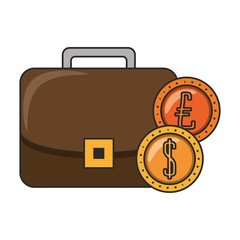 Business briefcase with euro and dollar coins