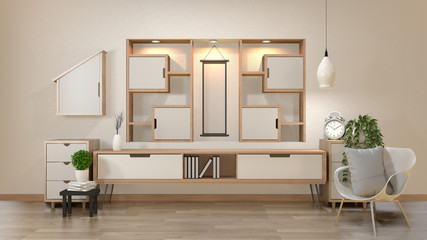 cabinet and decoration in modern zen empty room,minimal designs shelf wall, 3d rendering