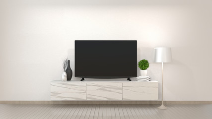 Smart Tv Mockup on zen living room with decoraion minimal style. 3d rendering