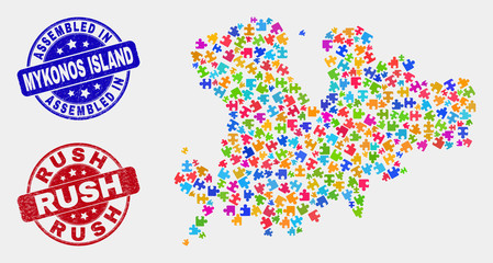 Bundle Mykonos Island map and blue Assembled seal stamp, and Rush distress stamp. Colorful vector Mykonos Island map mosaic of bundle parts. Red rounded Rush imprint.