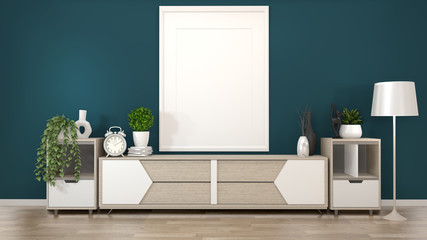 Mock up frame on wooden Cabinets TV in a dark green room and decoration.3D rendering