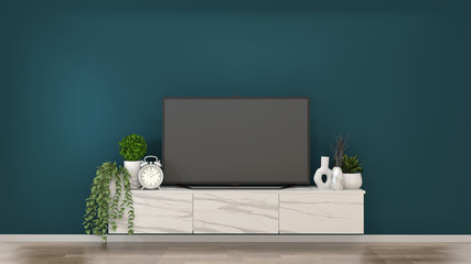 Mock up smart tv on granite Cabinets in a dark green room and decoration.3D rendering