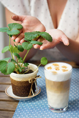 Girl drinking coffee in a summer cafe