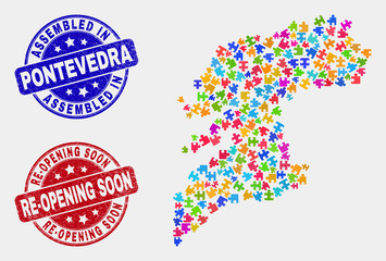 Puzzle Pontevedra Province map and blue Assembled seal stamp, and Re-Opening Soon distress seal stamp. Colorful vector Pontevedra Province map mosaic of bundle bricks. Red round Re-Opening Soon stamp.