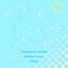 Icons for weather forecast at web or widget. Rainy cloud and snowflakes, sun ,snow and lightning. Hot, cold, clear, cloudy weather overcast