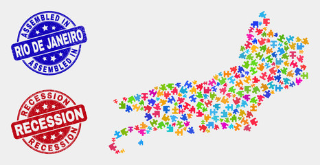 Module Rio de Janeiro State map and blue Assembled seal stamp, and Recession textured seal stamp. Colorful vector Rio de Janeiro State map mosaic of plugin parts. Red round Recession stamp.