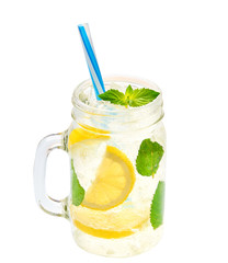 Lemonade isolated. Healthy and detox water drink on a white background.Top view.