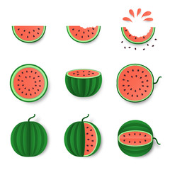 Watermelon whole, half and cut set isolated on white background. Healthy food trendy design . Fruit illustration for farm market menu.Paper cut style vector illustration